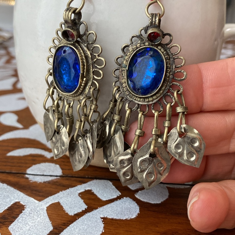 Moroccan Blue & Gold Chandelier Earrings - Picture 6 of 6